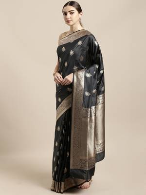 Grey woven silk blend saree with blouse 1