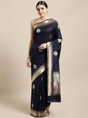 Navy blue woven silk blend saree with blouse 1