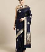 Navy blue woven silk blend saree with blouse
