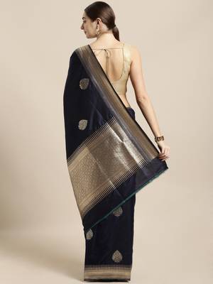 Navy blue woven silk blend saree with blouse 2