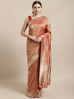 Peach woven silk blend saree with blouse 1