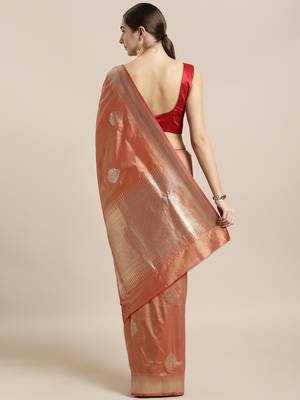 Peach woven silk blend saree with blouse 2
