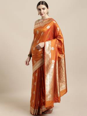 Orange woven silk blend saree with blouse 1