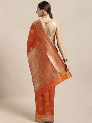Orange woven silk blend saree with blouse 2