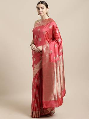 Pink woven silk blend saree with blouse 1