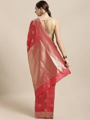 Pink woven silk blend saree with blouse 2
