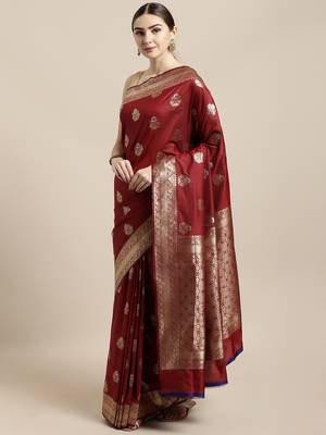 Maroon woven silk blend saree with blouse 1