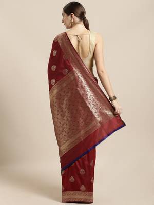 Maroon woven silk blend saree with blouse 2