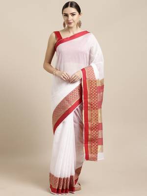 White woven cotton saree with blouse 1