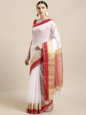 White woven cotton saree with blouse 1
