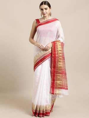 White woven cotton saree with blouse 1
