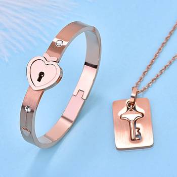Saizen Stainless Steel Crystal Rose Gold Couple Bracelet Set 2