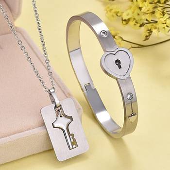 Saizen Stainless Steel Crystal Silver Couple Bracelet Set 5