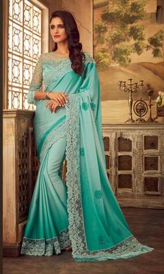 Sky blue embroidered satin saree with blouse 1