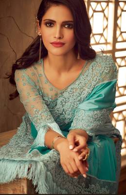 Sky blue embroidered satin saree with blouse 2