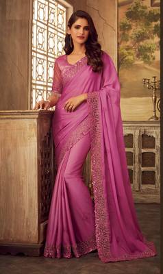 Pink embroidered satin saree with blouse 1