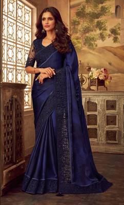 Navy blue embroidered satin saree with blouse 1