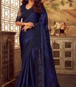 Navy blue embroidered satin saree with blouse