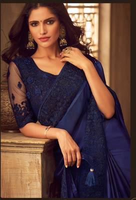 Navy blue embroidered satin saree with blouse 2
