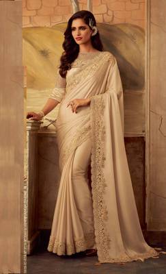 Beige embroidered satin saree with blouse 1