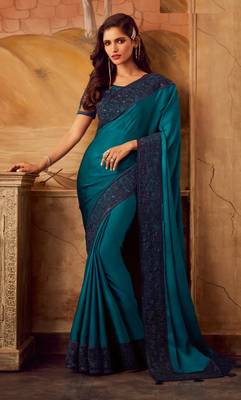 Blue embroidered satin saree with blouse 1