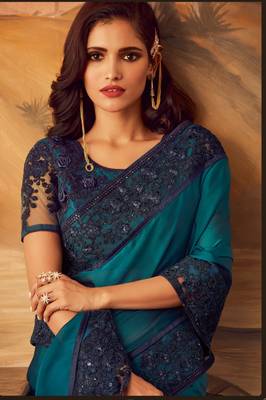 Blue embroidered satin saree with blouse 2