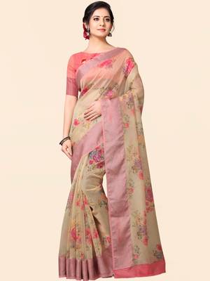 Beige printed faux organza saree with blouse 1