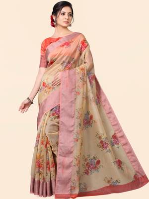 Beige printed faux organza saree with blouse 2