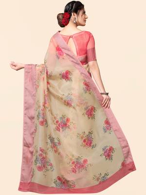 Beige printed faux organza saree with blouse 3