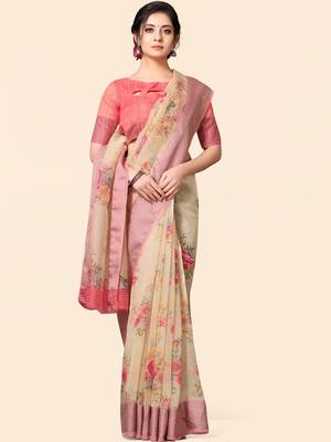 Beige printed faux organza saree with blouse 4