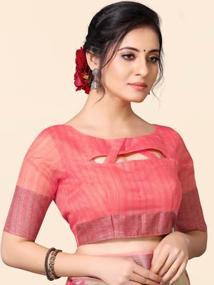 Beige printed faux organza saree with blouse 5