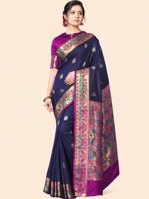 Blue woven paithani silk saree with blouse 1