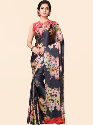 Blue printed satin saree with blouse 1