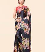 Blue printed satin saree with blouse