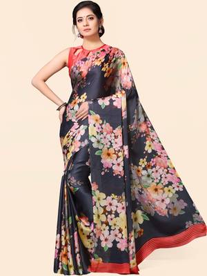 Blue printed satin saree with blouse 2