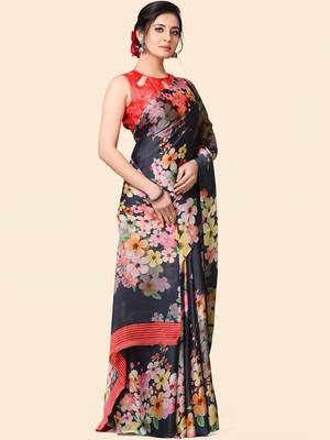 Blue printed satin saree with blouse 3