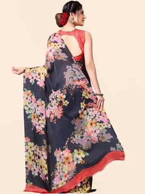 Blue printed satin saree with blouse 4