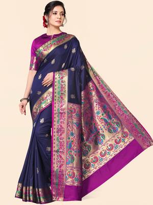 Blue woven paithani silk saree with blouse 2