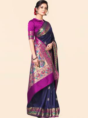 Blue woven paithani silk saree with blouse 3