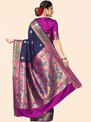 Blue woven paithani silk saree with blouse 5