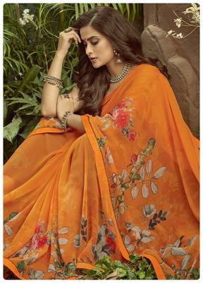  orange printed georgette saree with blouse 2