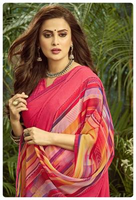  pink printed georgette saree with blouse 2