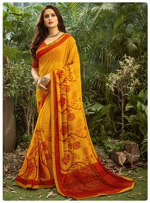  orange printed georgette saree with blouse 1