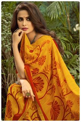  orange printed georgette saree with blouse 2
