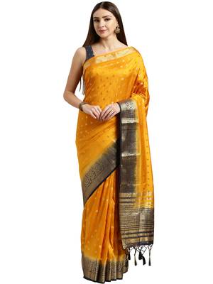 Mustard Woven Faux Kanjivaram Silk Saree With Blouse 2