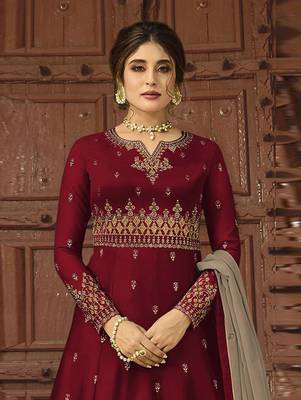 Maroon Wedding Wear Satin Georgette Plazo Suit 1