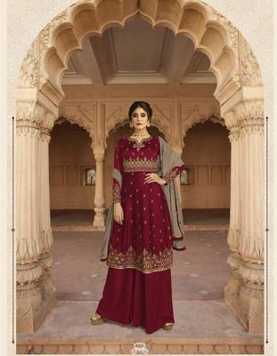 Maroon Wedding Wear Satin Georgette Plazo Suit 2