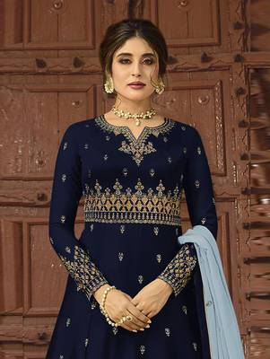 Dark Blue Wedding Wear Satin Georgette Plazo Suit 1