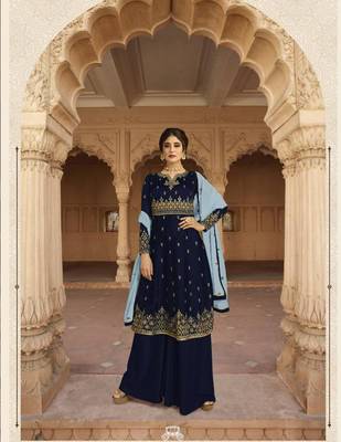 Dark Blue Wedding Wear Satin Georgette Plazo Suit 2