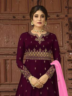 Magenta Wedding Wear Satin Georgette Plazo Suit 1